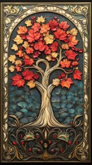 Wall Mural - An ornate Art Nouveau maple tree with flowing lines and intricate leaf patterns, creating vintage charm with decorative elements and elegant design.