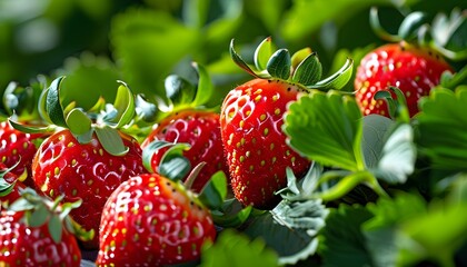 Poster - Vibrant Fresh Strawberries Surrounded by Green Leaves Celebrating Natural Beauty and Deliciousness of Summer Healthy Eating