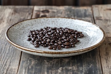 Wall Mural - Plate with coffee beans on wooden table with generative ai