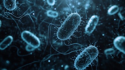 Fototapete - A digital rendering of bacteria, showing their elongated, rod-shaped structure, with a dark blue color and fuzzy edges. Several bacteria are in focus, with some out of focus in the background.