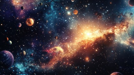 Wall Mural - A stunning cosmic scene featuring vibrant galaxies, distant stars, and colorful planets across the vastness of space.
