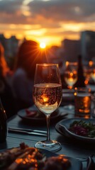 elegant rooftop networking event at sunset diverse group of executives toasting with champagne city skyline backdrop warm ambient lighting mix of formal and smart casual attire