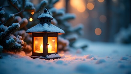 Wall Mural - A glowing lantern in snow-covered surroundings with soft bokeh lights in the background