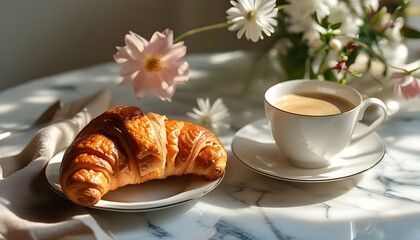 Canvas Print - Charming breakfast scene featuring croissant and coffee atop a marble table, basking in soft morning light with floral accents for a warm ambiance