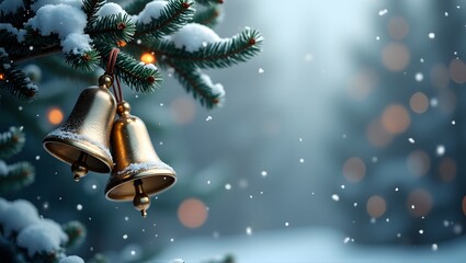 Sticker - Golden Christmas bells hanging on snowy evergreen branches, with soft bokeh lights in the background