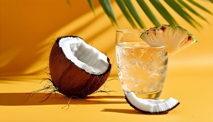 Refreshing coconut water served in a glass with half coconut, perfect for summer fruit promotions and healthy lifestyle designs