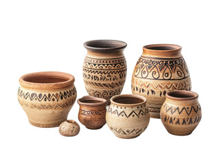 A collection of handcrafted clay pots featuring unique patterns and earthy tones, perfect for home decor or artistic displays. transparent background