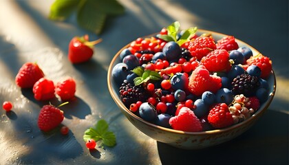 Refreshing summer berries basking in natural sunlight, perfect for promoting healthy eating and vibrant designs