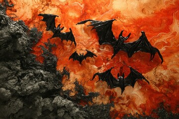 Swarm of bats flying in fiery orange sky over rocky landscape