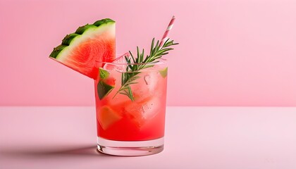 Wall Mural - Elegant summer cocktail in vibrant pink with refreshing watermelon, perfect for vacation vibes and inviting banner designs