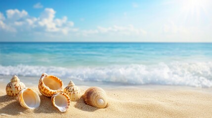 Wall Mural - seashells on Sandy Beach / seashore, beach holiday Vacation background with generative ai