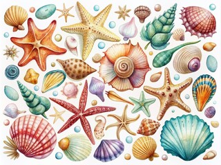 Whimsical hand-drawn watercolor illustration of various seashells, starfish, sea creatures, and ocean elements on a white background, resembling a beach collection.