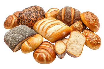 A variety of fresh bread rolls beautifully arranged, showcasing different textures, colors, and types for bakery enthusiasts. transparent background