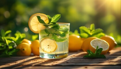 Wall Mural - Refreshing lemon water infused with fresh mint under warm sunlight, perfect for summer vacation vibes and inviting designs