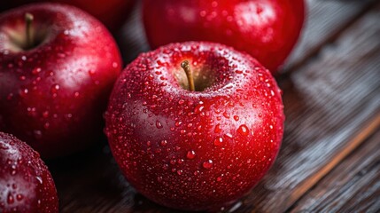 A close-up of vibrant red apples with water droplets on a rich wooden background, perfect for adding fresh, inviting text