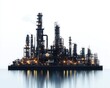 © CoreVisuals - Industrial oil refinery with towering structures, emitting steam and illuminated by lights, set against a serene water backdrop.