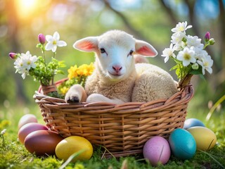 Wall Mural - Adorable lamb snuggles up in a wicker basket filled with colorful Easter eggs, fresh flowers, and soft greenery, perfect for a Spring holiday panoramic banner.