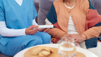 Poster - Medication, healthcare and nurse with senior woman in retirement home for wellness checkup with pills. Discussion, tablets and caregiver explain medicine to elderly female patient for consultation.