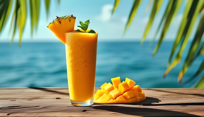 Refreshing mango smoothie against a serene ocean backdrop, perfect for summer vibes and vacation getaways, ideal for banners and invitations with ample copy space