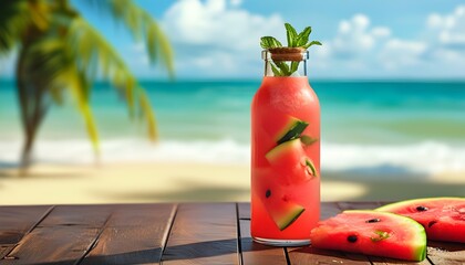 Wall Mural - Refreshing watermelon cocktail in bottle against vibrant tropical beach backdrop, perfect for summer vibes and travel-inspired invitations