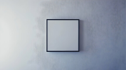 A black framed picture on a white wall, blank canvas.