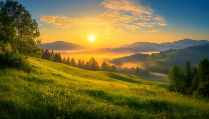 Wall Mural - A scenic sunrise over a grassy hillside with a panoramic view of mountains and fog.