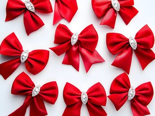 a flat lay of red satin bows with diamond embellishments on a white background.