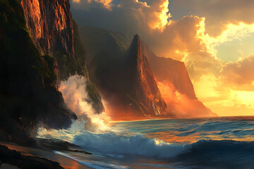 Canvas Print - Majestic ocean sunset with dramatic cliffs and crashing waves.