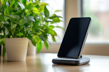 Smartphone On Wireless Charging Station On Wooden Desk With Green Plant with generative ai