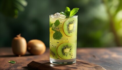 Wall Mural - Refreshing kiwi cocktail adorned with fresh mint in a tall glass, embodying tropical summer vibes perfect for vacation-themed invitations and banners