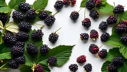 Fresh blackberries and vibrant green leaves on a white background, embodying summers bounty for healthy food designs and promotional materials.