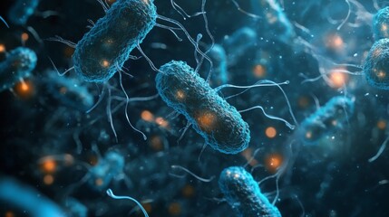 Fototapete - The image depicts a microscopic view of blue bacteria, showcasing their elongated, cylindrical shapes and delicate appendages