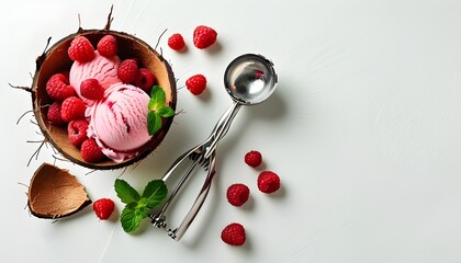 Refreshing berry ice cream nestled in coconut shell garnished with fresh raspberries and mint, perfect for summer lifestyle themes and vibrant menu designs