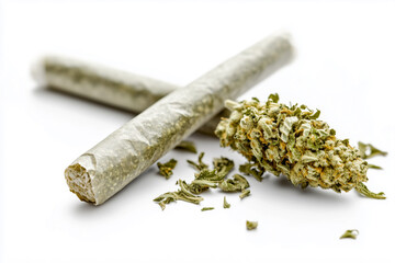  joint and some marijuana leaves are on a white background. The joint is wrapped in a paper and the leaves are scattered around it