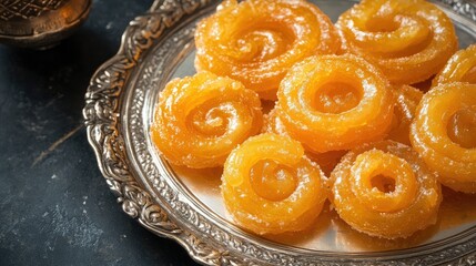 Wall Mural - Golden jalebis on a traditional silver plate with ample space for personalized festival greetings.