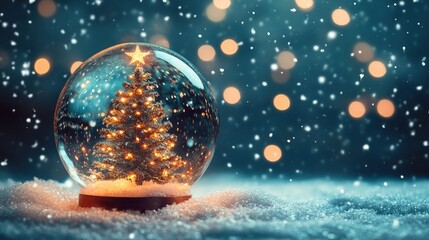 Wall Mural - snow globe with christmas tree and star made of lights and soft falling snow background - christmas 