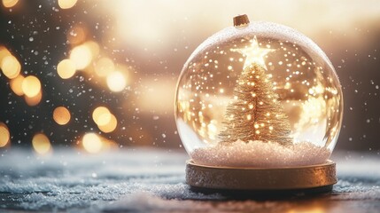 Wall Mural - snow globe with christmas tree and star made of lights and soft falling snow background - christmas 