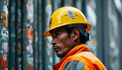 Vibrant close-up of a sticker-covered yellow hard hat worn by a construction worker in a bright orange jacket