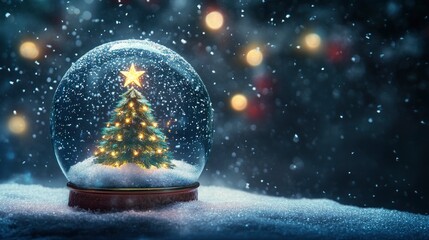 Wall Mural - Snow Globe With Christmas Tree And Star Made Of Lights And Soft Falling Snow Background - Christmas Concept with generative ai