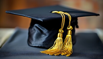 Symbol of Achievement: Close-Up of Black Graduation Cap with Gold Tassel Marking New Beginnings