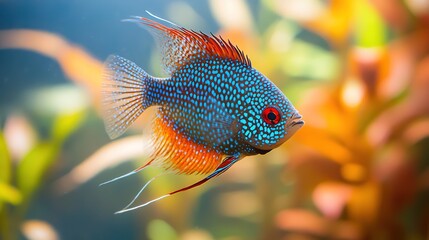 Close-up of a tropical fish with vibrant scales in an aquarium.