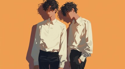 Two Boys in White Shirts and Black Pants Standing in Different Poses, Full Body Illustration with a Playful Atmosphere