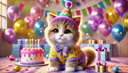 Happy birthday greeting cards with charming cat illustrations, 3D birthday cake designs, and colorful backgrounds for a purrfect celebration.