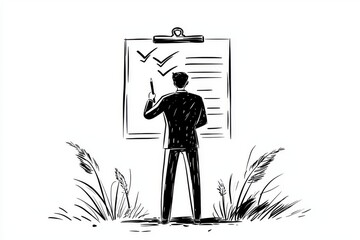 Positive businessman with giant pencil on his shoulder nearby marking checklist on clipboard paper. Successful completion of business tasks. Modern continuous line design.