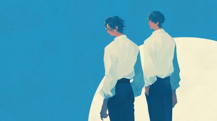 Two Boys in White Shirts and Black Pants Standing in Different Poses, Full Body Illustration with a Playful Atmosphere