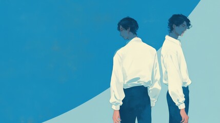 Two Boys in White Shirts and Black Pants Standing in Different Poses, Full Body Illustration with a Playful Atmosphere