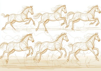 Modern horse set on white background, one line drawing