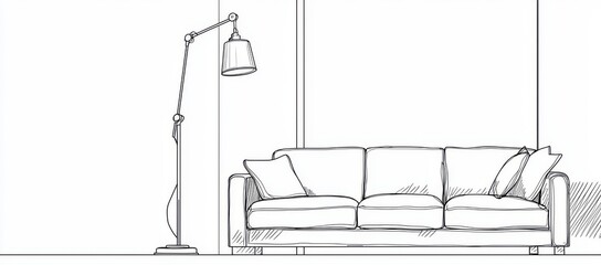 Doodle modern illustration of a Scandinavian-style sofa, floor lamp, and table with a plant. Scandinavian stylish furniture in simple linear style.