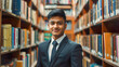 © Hanasaki - 本棚とスーツ姿の若いインド人男性