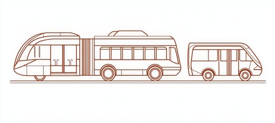 Line drawings of trolleybuses, shuttle buses, autos, crossovers, and four-by-fours for public and personal transport.